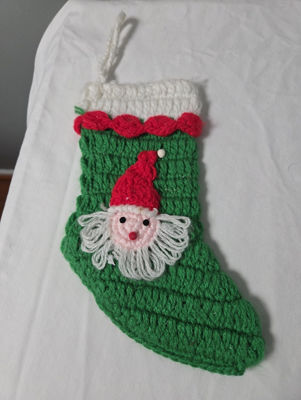 Handmade Green Crochet Christmas Stocking with Santa